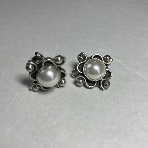 Sterling silver Mexico scroll bezel mabe pearl clip earrings